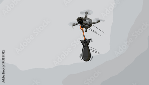 vector of a military drone carrying a bomb, depicting modern warfare, surveillance technology, and security threats.