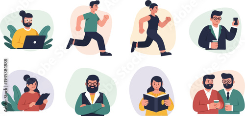 Diverse individuals engage in various activities work, exercise, reading, and social interaction