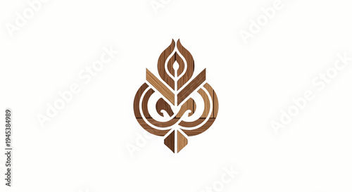 Ornate wooden owl emblem with flame-like top on white background