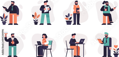Diverse professionals in a flat, illustrative style engage in various work-related activities