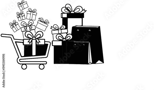 A shopping cart overflows with gift boxes, near a pile of presents and bags