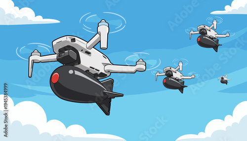 vector of multiple military drones carrying bombs flying across a cloudy sky, representing drone warfare, automated attacks, and military technology.