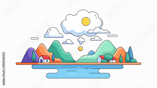 A stylized landscape with mountains, houses, trees, and a fried egg in the clouds