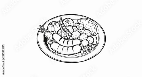 Hearty meal on oval platter with sausages, potatoes, and vegetables