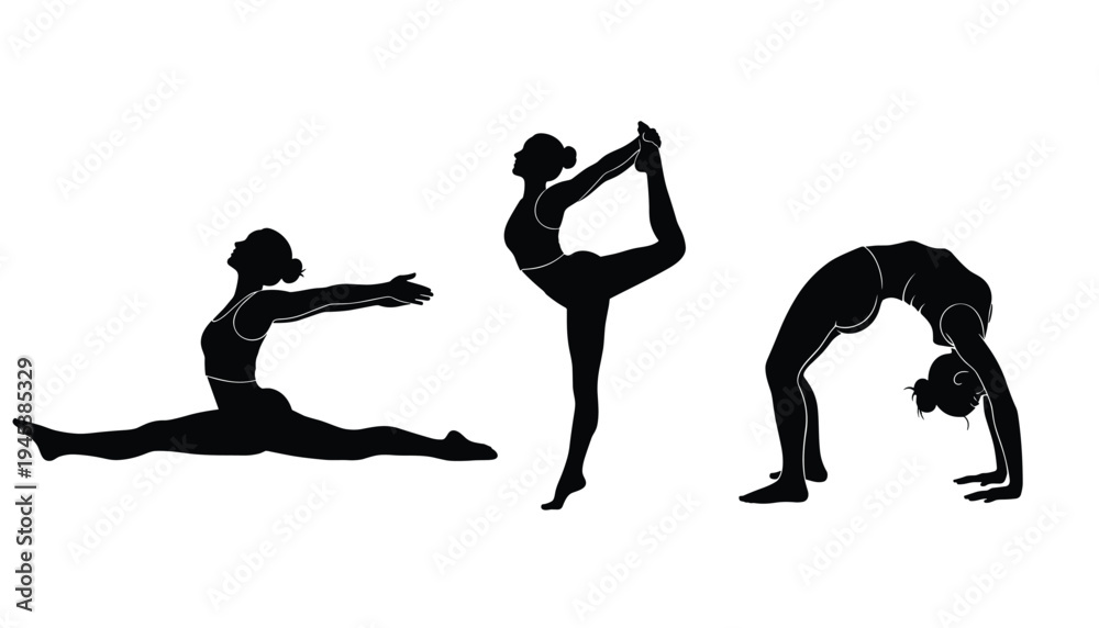 Fototapeta premium Yoga Flexibility Poses Silhouette Set, Stretching and Balance Fitness Exercises