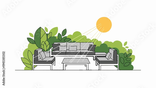 Cozy outdoor seating arrangement bathed in warm sunlight amidst lush greenery