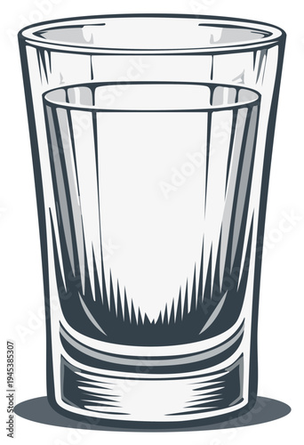 Illustration of a shot glass filled with liquid, graphic style, grayscale image.