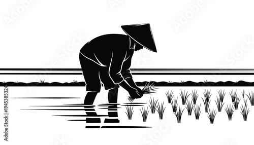 Farmer Planting Rice in Paddy Field Silhouette Illustration, Agriculture Farming Activity