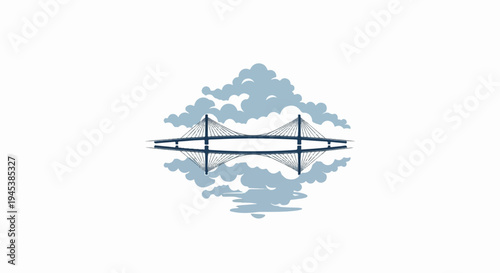 A symmetrical cable-stayed bridge reflected in clouds and water