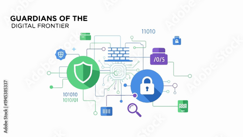 Cyber security concept with shields, locks, and circuit board