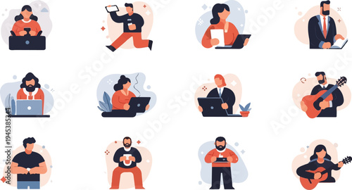 Diverse individuals engage in various activities, including using technology and playing music