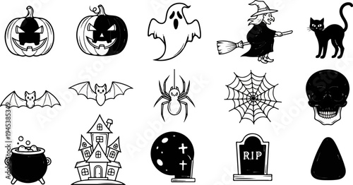 Halloween icons pumpkins, ghost, witch, cat, bats, spider, web, skull, cauldron, house