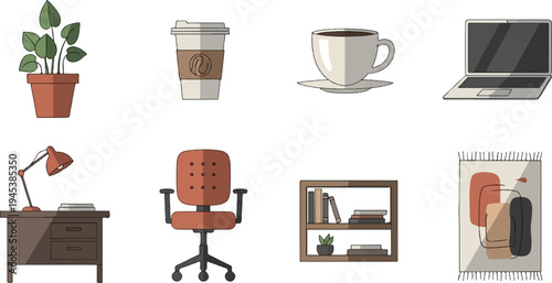 Desk and office items plant, coffee, laptop, chair, bookshelf, rug