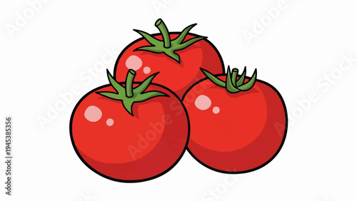 A trio of plump, red tomatoes with green stems and leaves