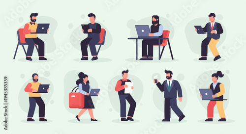 Diverse individuals engaged in work and technology-related activities