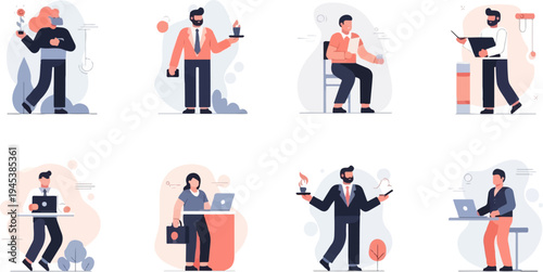 Diverse individuals engaged in various professional activities with minimal visual elements