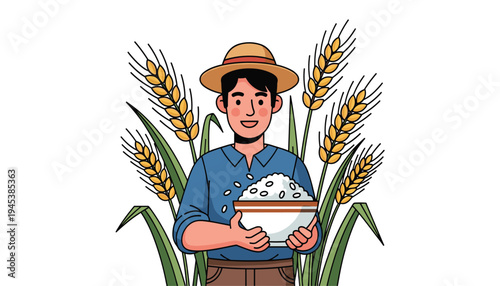 Farmer Holding Rice Bowl in Wheat Field Illustration, Agriculture Harvest and Food Production Concept