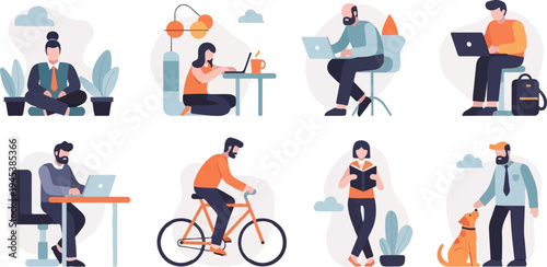 Diverse individuals engage in various activities, including work and leisure