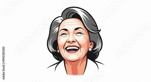 A vibrant, cartoonish portrait of a laughing older woman with gray hair and pearl earrings
