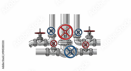 Industrial pipes and valves with red and blue control wheels