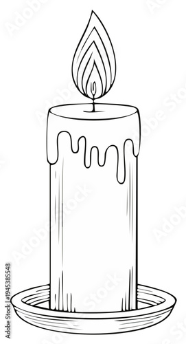 Line art candle illustration with wax drippings on holder, ideal for coloring pages, design elements, and religious themes.