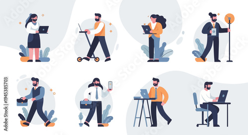 Diverse individuals engaged in modern work activities, digitally illustrated