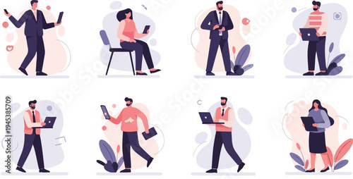 Diverse individuals engage with digital devices, some seated, others standing