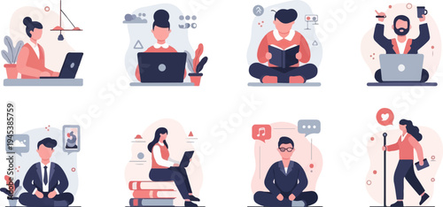 Diverse individuals engaged in digital activities, learning, and communication