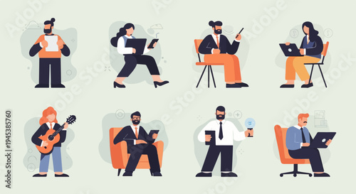 Diverse business professionals engaged in various work and leisure activities