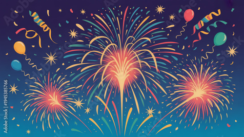 Vibrant fireworks display with colorful explosions and festive decorations in night sky