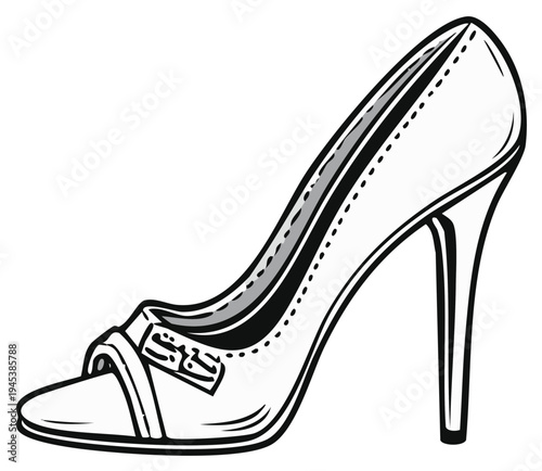Elegant High Heel Shoe with Decorative Strap and Stiletto Heel Black and White Illustration