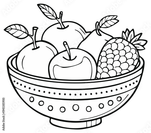 Bowl of apples, strawberry, and pear illustration
