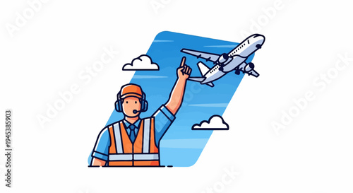 Air traffic controller signals to a jetliner against a blue sky with clouds