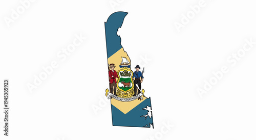 Delaware state shape with its coat of arms and flag colors