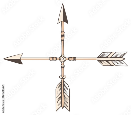 Hand Drawn Rustic Arrows in a Cross Formation Pointing in Four Cardinal Directions