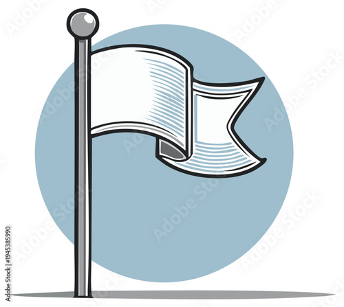 Illustrated white flag waving on flagpole against a blue circle background, symbol of surrender.