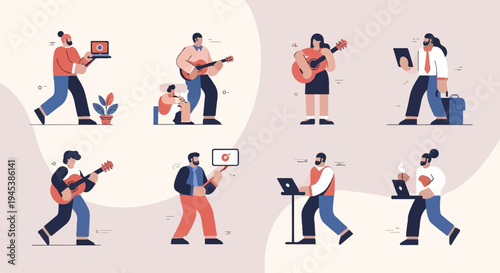 Diverse individuals engage in various activities, including music, work, and technology use