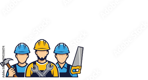 Cartoon construction workers holding tools, ready for work