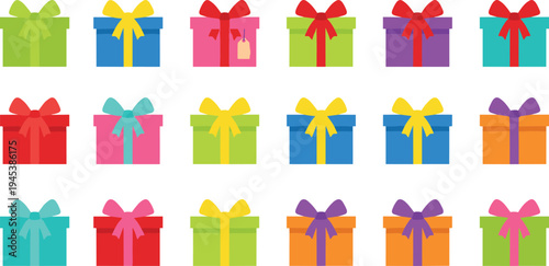 Large collection of colorful flat gift box vector icons with ribbons for Christmas birthday and holiday celebration greeting card web design elements.