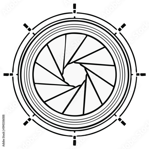 Abstract graphic of a camera lens aperture with radiating lines and outer rings, symbolizing photography and vision