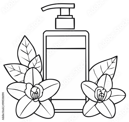 Illustration of a lotion bottle with flowers and leaves. Beauty and spa concept.