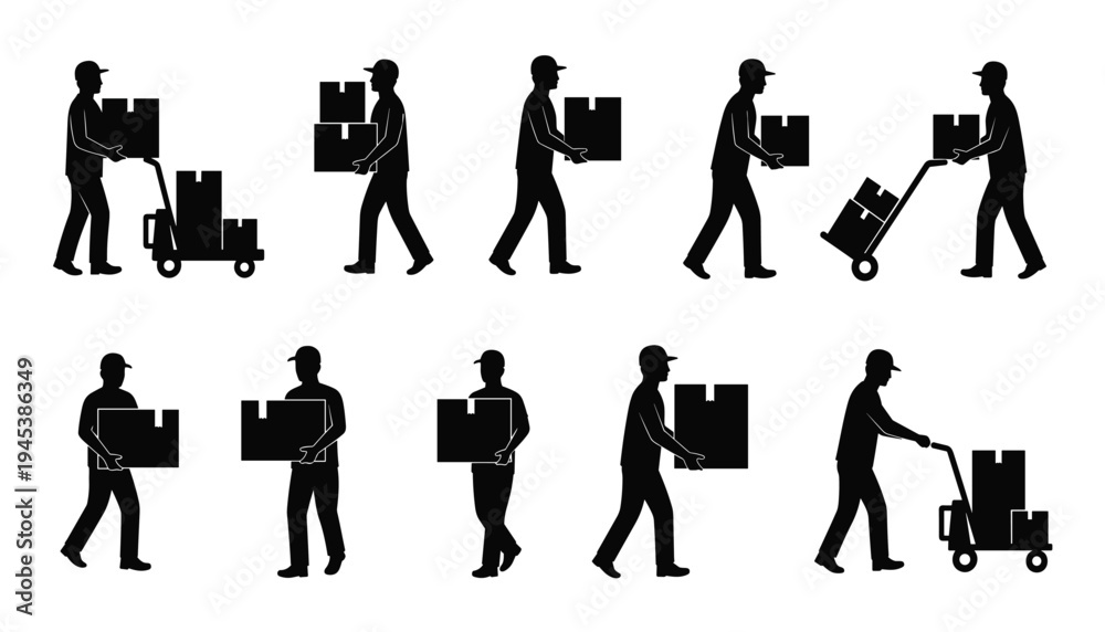 Fototapeta premium Warehouse Worker and Package Handling Silhouette Set, Logistics and Cargo Transport Icons