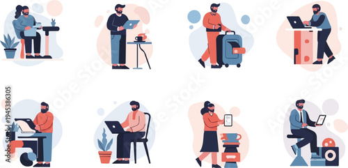 Diverse individuals engaged in various remote work and travel scenarios