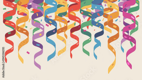 Colorful ribbons and confetti falling against beige background celebrating party or special occasion with vibrant decorations