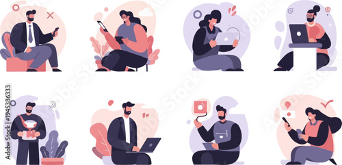 Diverse people engaged in digital activities with gadgets and plants