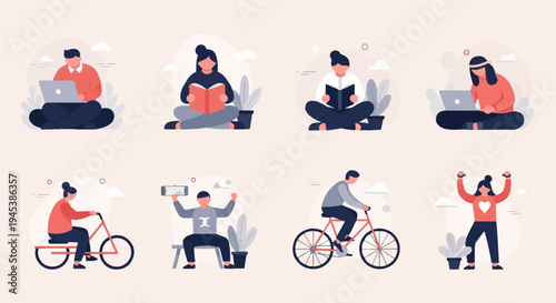 Diverse individuals engaged in reading, cycling, working, and exercising