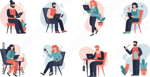 Diverse individuals engage with technology, working remotely or in offices