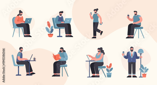 Diverse people engaged in various activities, some working on laptops, others reading