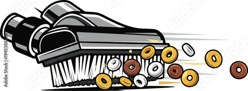 Cartoon vacuum cleaner sucking up colorful donuts, motion blur effect