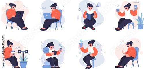 Flat illustration of a person engaged in various leisure activities